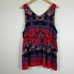 Angie Top Women's 2X Plus Multicolor Sleeveless V-Neck Crochet Trim Artsy Summer